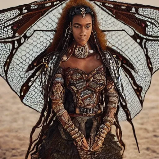 Image similar to “ brown woman wearing a dragonfly armor. intricate. super detailed. award winning. ”