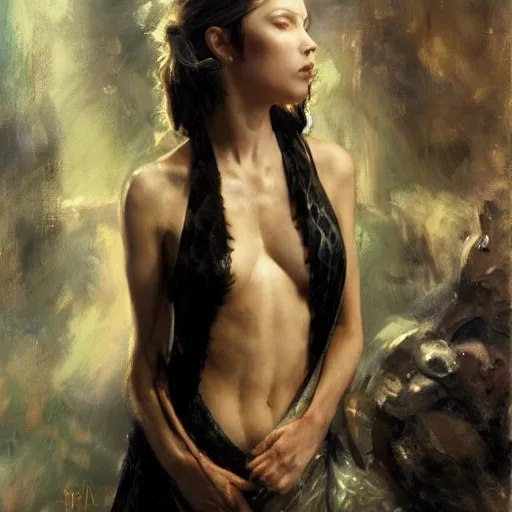 Image similar to nagini, female, long, black scales, chest coverd, cinematographic shot, by daniel f. gerhartz