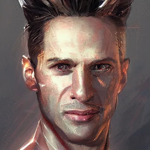 Prompt: Portrait of a man by Greg Rutkowski, he is about 30 years old, mixture between russian and turkish, quiff copper hair, attractive, uncanny smile, he is wearing a futuristic police outfit, highly detailed portrait, scifi, digital painting, artstation, concept art, smooth, sharp foccus ilustration, Artstation HQ