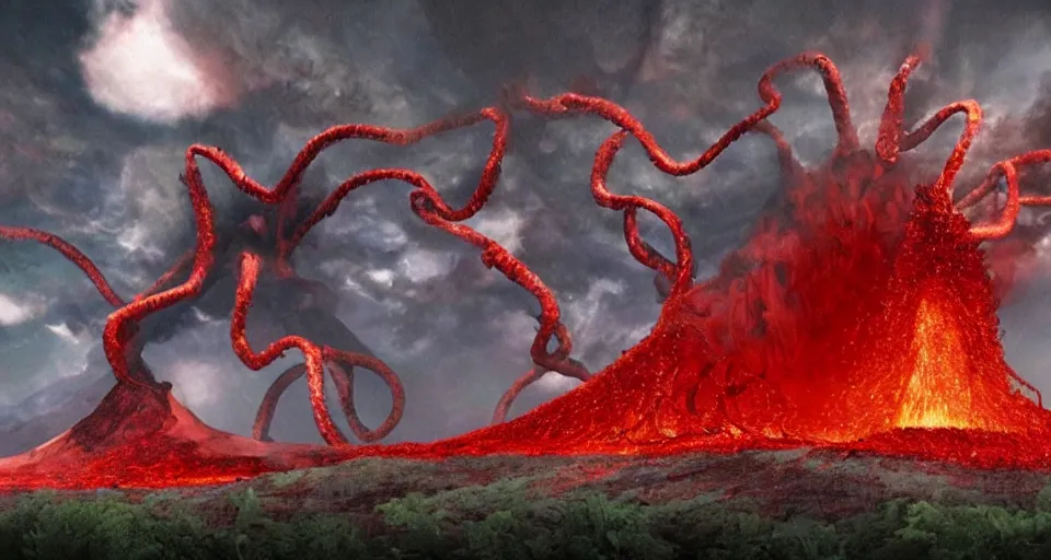 Image similar to a volcano made of ivory vines and crimson rocks enters in eruption, it spits a smoke in the shape of demonic eye, by Pixar Concept Artists