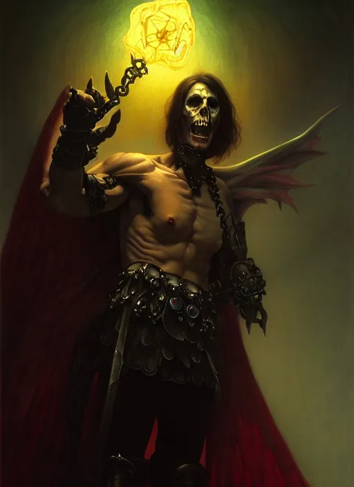 Image similar to male necromancer, full body, hyper realistic, extremely detailed, dnd character art portrait, dark fantasy art, intricate fantasy painting, dramatic lighting, vivid colors, deviantart, artstation, by edgar maxence and caravaggio and michael whelan and delacroix.