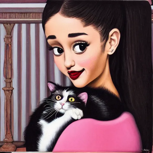 Image similar to ariana grande holding an extremely annoyed, hissing cat, lowbrow painting by mark ryden