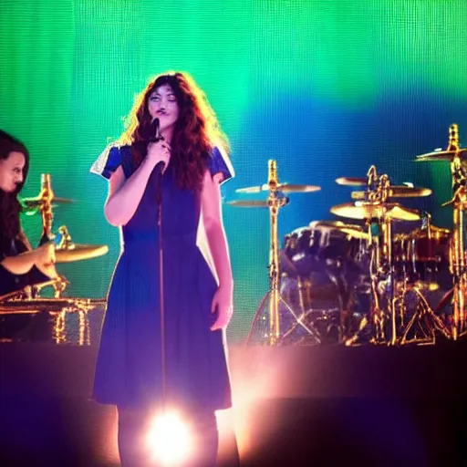 Image similar to lorde singing in a concert during a navy blue night