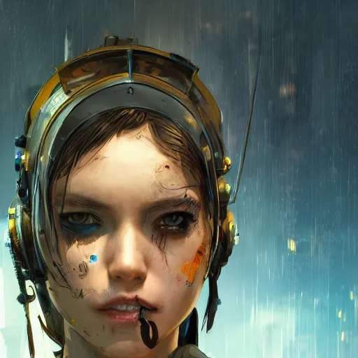 Image similar to highly detailed portrait of a post-cyberpunk young lady by Akihiko Yoshida, Greg Tocchini, 4k resolution, mad max inspired, yellow, black, brown and cyan color scheme