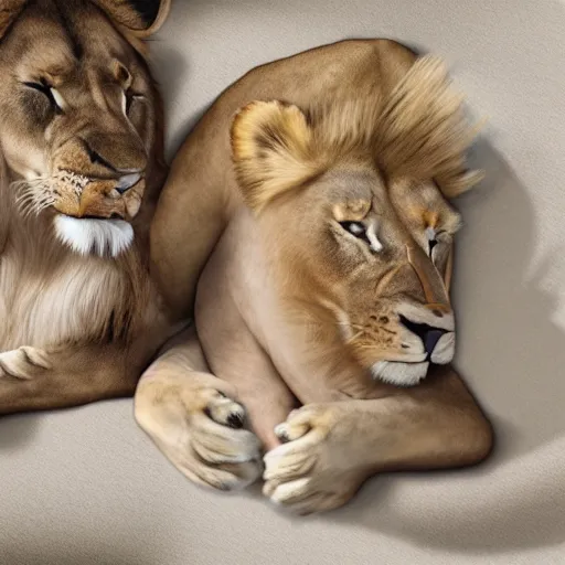 Prompt: Realistic image of lion and lamb sleeping together