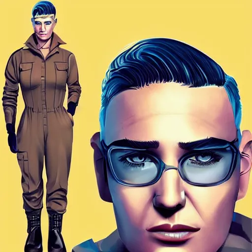 Image similar to character concept art of heroic stoic emotionless butch blond handsome woman engineer with very short slicked - back butch hair, narrow eyes, wearing atompunk jumpsuit, retrofuture, science fiction, illustration, pulp sci fi, digital art