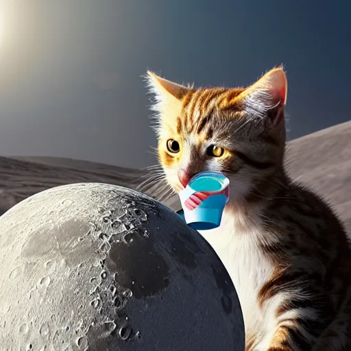 Prompt: a cat drinking a milkshake on the moon, high detail, vivid, portrait, great detail, 8 k, 4 k uhd, high definition, realistic