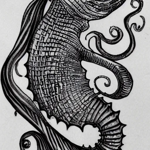 Prompt: a seahorse and a squid. black ink on paper tattoo design