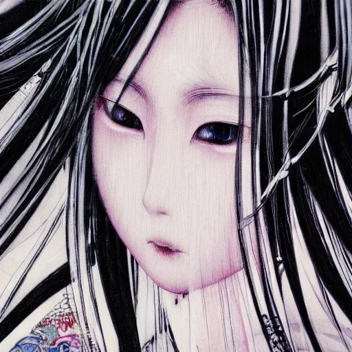 Image similar to yoshitaka amano blurred and dreamy realistic illustration of a japanese woman in anime style with black eyes, wavy white hair fluttering in the wind wearing elden ring armor with engraving, abstract patterns in the background, satoshi kon anime, noisy film grain effect, highly detailed, renaissance oil painting, weird portrait angle, blurred lost edges, three quarter view