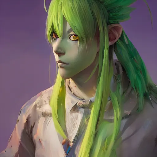 Prompt: a beautiful fullbody portrait of an anime boy with long straight green hair in a western fantasy bard style. character design by cory loftis, fenghua zhong, ryohei hase, ismail inceoglu and ruan jia. artstation, volumetric light, detailed, photorealistic, fantasy, rendered in octane