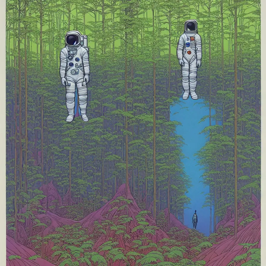 Prompt: ( ( ( ( an astronaut walking through a mysterious forest, with decorative frame design ) ) ) ) by mœbius!!!!!!!!!!!!!!!!!!!!!!!!!!!, overdetailed art, colorful, artistic record jacket design