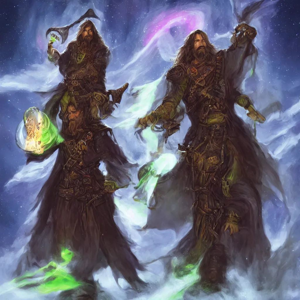 Image similar to dungeons and dragons, realistic,full body long hair goatee warlock with pet imp, magic aura, northern lights