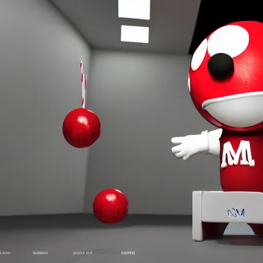 Image similar to a single red m & m candy with white arms and legs, a red sphere wearing a white baseball cap, eminem as the red m character standing on a floor covered with m & m candies, m & m candy dispenser!!!, m & m plush, unreal engine, studio lighting, unreal engine, volumetric lighting, artstation, cosplay, by hans bellmer