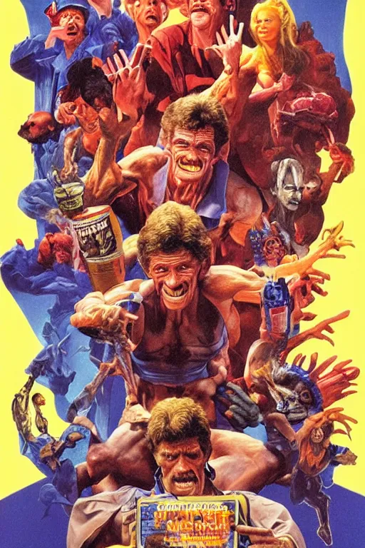 Prompt: poster for'unlimited juice ', 1 9 8 8 melt movie classic, ( directed by j. michael muro, starring willem dafoe and barry chuckle, art direction by by wayne barlowe, glenn fabry and frank frazetta, cinematography by robby muller ), crisp