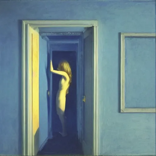 Image similar to an ivory and golden demon in a blue haunted liminal abandoned room, film still by edward hopper, by gottfried helnwein, by klimt, art noveau, highly detailed, strong lights, liminal, eerie, bright pastel colors,