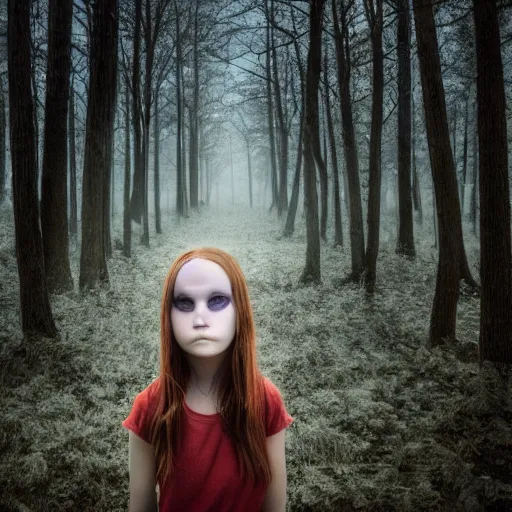 Prompt: a ghost girl in a scary haunted forest