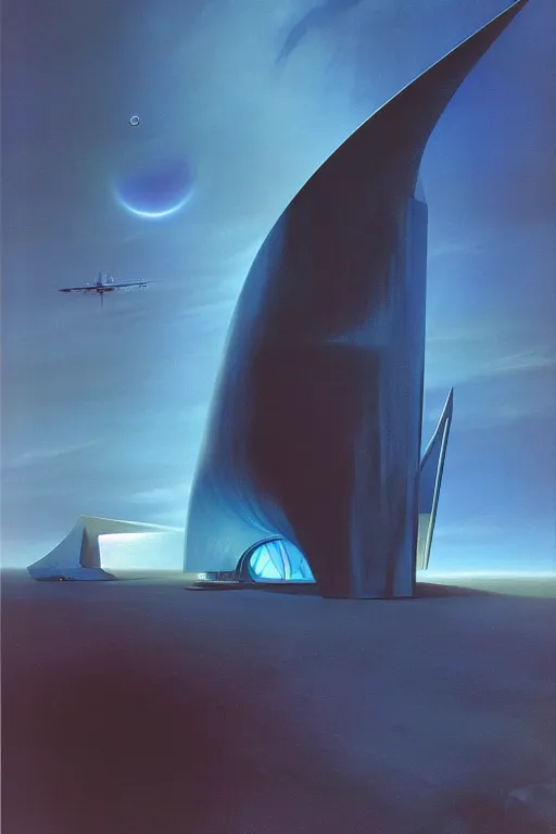 Image similar to emissary space by arthur haas and bruce pennington and john schoenherr, cinematic matte painting, zaha hadid building, photo realism, dark color palate, blue hour stars,