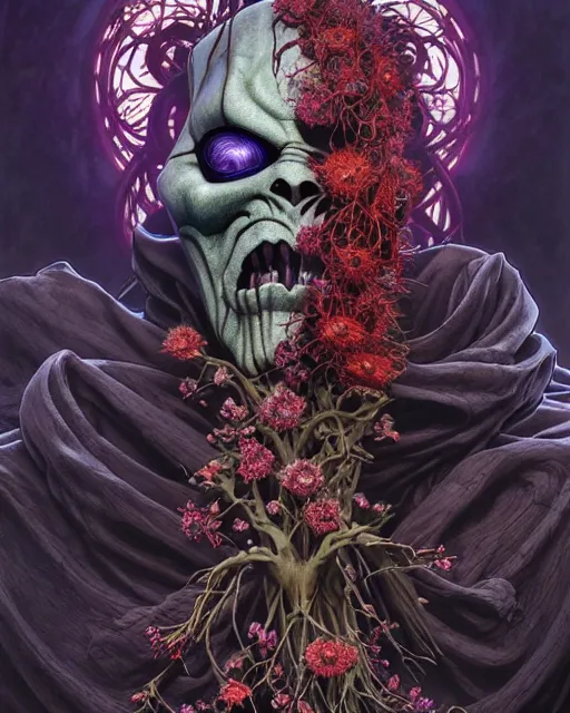 Image similar to the platonic ideal of flowers and roots of cletus kasady ultimate carnage thanos dementor doctor doom chtulu nazgul, detailed, intricate, hyperrealism, intense, scary, decay, dmt, art by brock hofer and artgerm and greg rutkowski and alphonse mucha