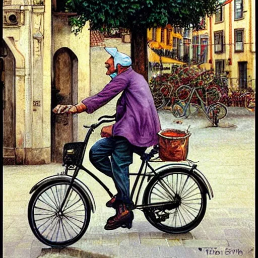 Prompt: a food delivery guy on his bicycle at the streets of Lisbon, art by Stephen Hickman