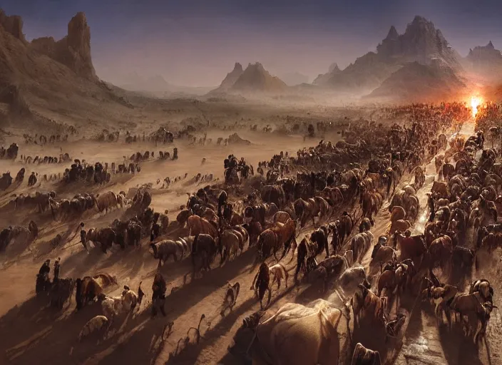 Image similar to overhead view of a the big large expedition with a very crowd of adventurers being brought by gigantic mammals carrying stuff towards the desert of duhnes medium shot, key art by craig mullins, bloom, dramatic lighting, cinematic, high details