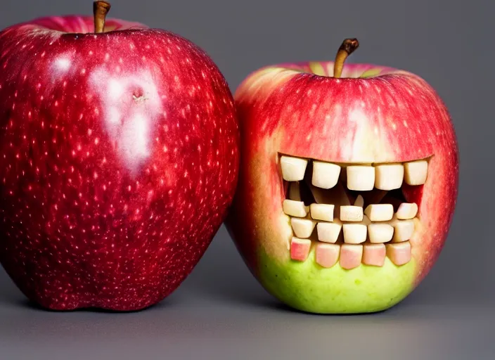 Image similar to photo still of an apple with human teeth, 8 k, studio lighting bright ambient lighting key light, 8 5 mm f 1. 8