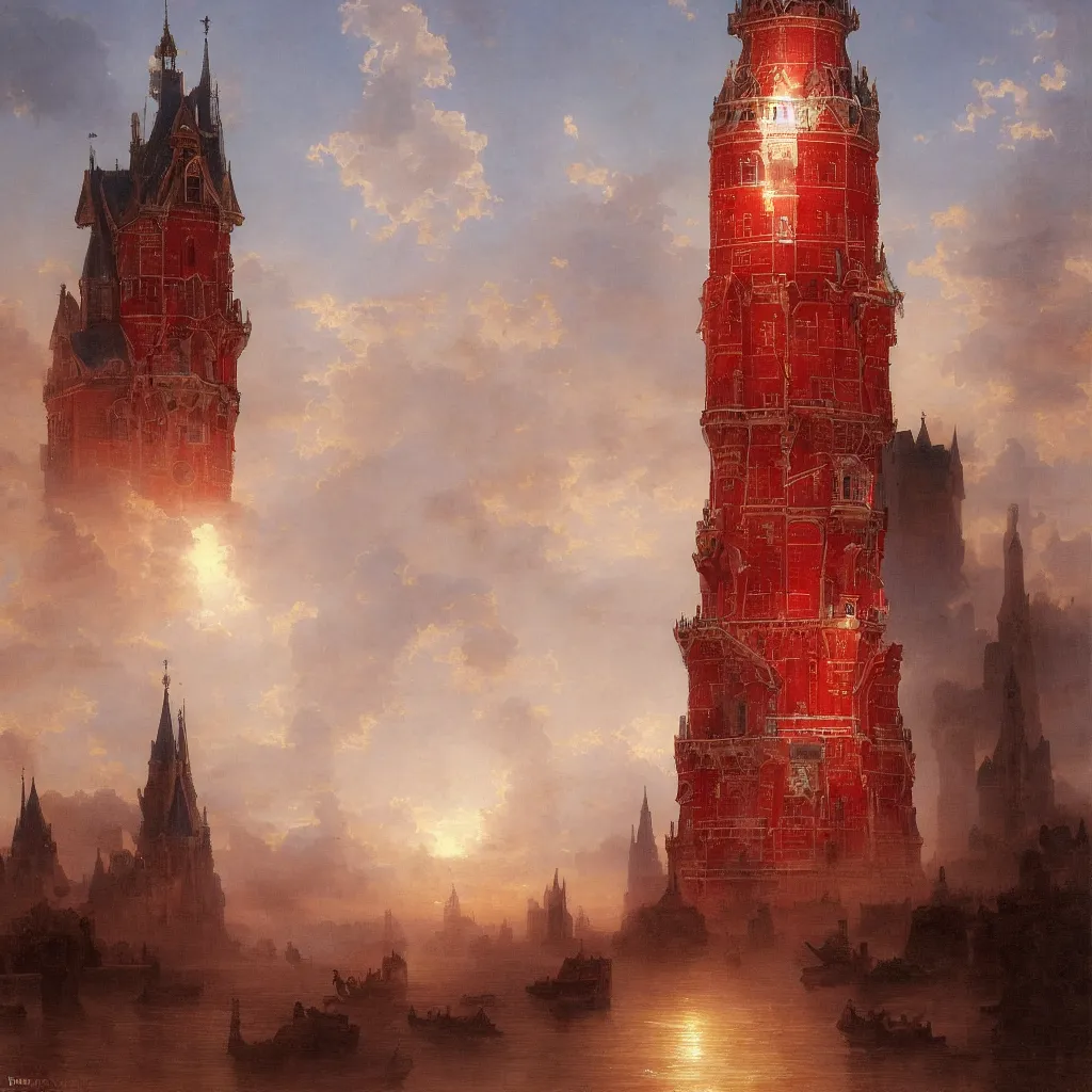 Prompt: Highest tower standing over all other towers, the great tower of Holland, intricate, elegant, highly detailed, warm bright red white and blue light, tower reaching the heavens, god giving approval to tower, colossal tower, digital painting, artstation, concept art, smooth, detailed oil painting by Bouguereau