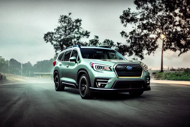 Image similar to a car and driver magazine photo shot, a souped up dark grey 2019 Subaru ascent heavily modified and customized as a performance tune street racing SUV, black rims, green trim accent, samurai vinyl wrap, cinematic lighting, art station, volumetric light, low angle camera, redshift render, octane render, art station