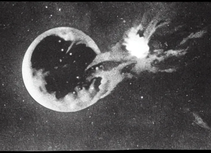 Image similar to vintage film still of the moon exploding shattering fragments in the sky around the exploding moon over new york city in the 1 9 2 0 s from the old sci - fi movie