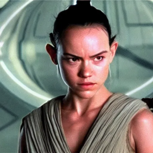 Image similar to Rey from Star Wars twenty years older as a Jedi Master