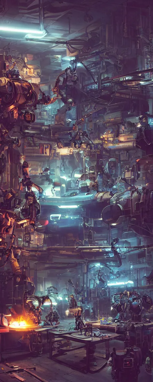 Image similar to concept art, realistic dieselpunk robot repair workshop, neon glow, volumetric lighting, strong shadows, reflections, high contrast, glowing robot motifs, octane render, curves, bladerunner, loish, syd mead, akihiko yoshida, cinematic