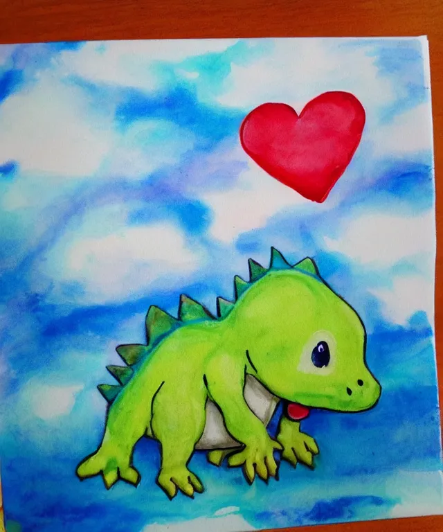 Image similar to a cute little dinosaur, water painting, heart - shaped clouds