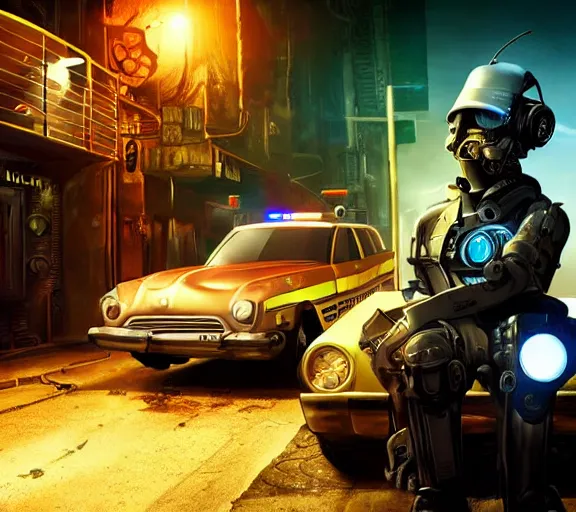 Image similar to a robotic cthulhu police officer sitting next to a futuristic police car, rusty helmet, cyberpunk, fallout 5, studio lighting, deep colors, apocalyptic setting, city at night