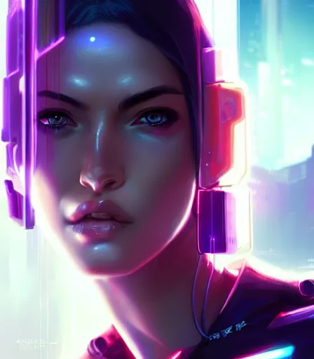 Image similar to beautiful portrait of a cyberpunk goddess who looks like Megan Fox , character design by charlie bowater, ross tran, artgerm, and makoto shinkai, detailed, soft lighting, rendered in octane