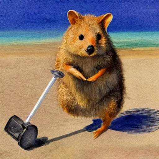 Prompt: a quokka using a metal detector on the beach, realistic watercolour