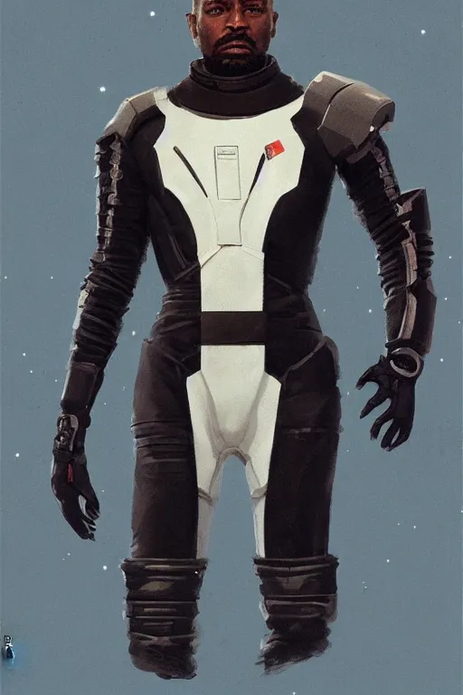 Image similar to upper body portrait of broad-shouldered black man wearing a scifi dune leather spacesuit, nebula in the background, illustration by normal rockwell and adebanji alade, details greg rutkowski, artstation character concept art