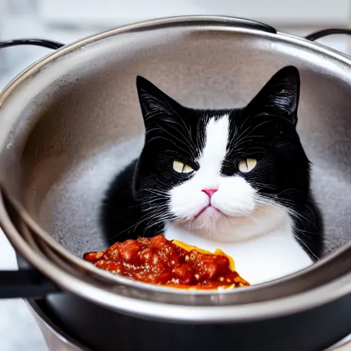 Image similar to photo of black and white exotic shorthair cat cooking a pot of chili in a modern kitchen