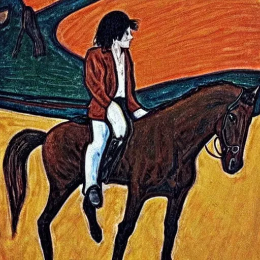 Prompt: Michael Jackson riding a horse, Munch