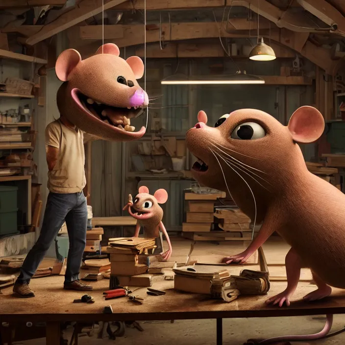 Prompt: crew of workers building giant mouse movie prop head in quaint workshop, octane render, 4 k ultra hd, hyper - detailed, realistic, seedy lighting, sharp focus, in style of beeple