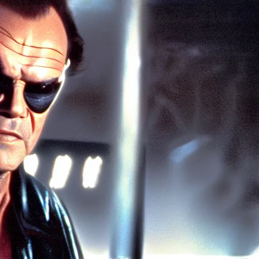 Image similar to Jack Nicholson plays Terminator, wearing leather jacket, red eye, VFX film