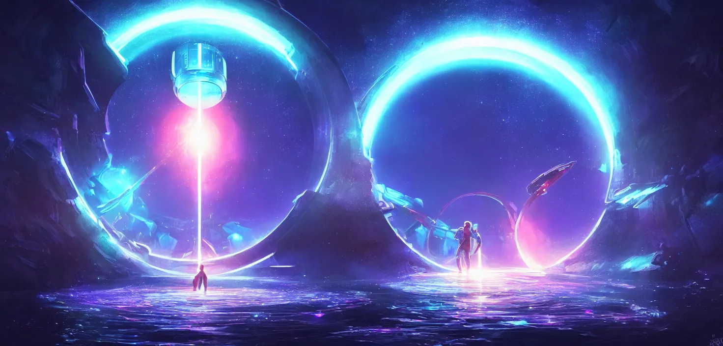 Prompt: space scene fantasy portal round gate, star sky neon portal cosmos reflected in water sea. journey through space glowing portal gate, detailed, concept art, low angle, high detail, warm lighting, volumetric, godrays, vivid, beautiful, trending on artstation, by jordan grimmer, huge scene, grass, art greg rutkowski