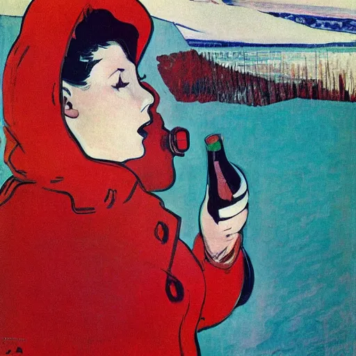 Image similar to a woman in a parka drinking a bottle of coke in an icy landscape, constructivist, russian, soviet advertisement, 1 9 6 0's, by henri toulouse lautrec