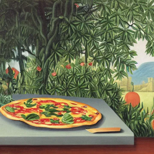 Prompt: A magaritha pizza on a marble table in a garden by Henri Rousseau