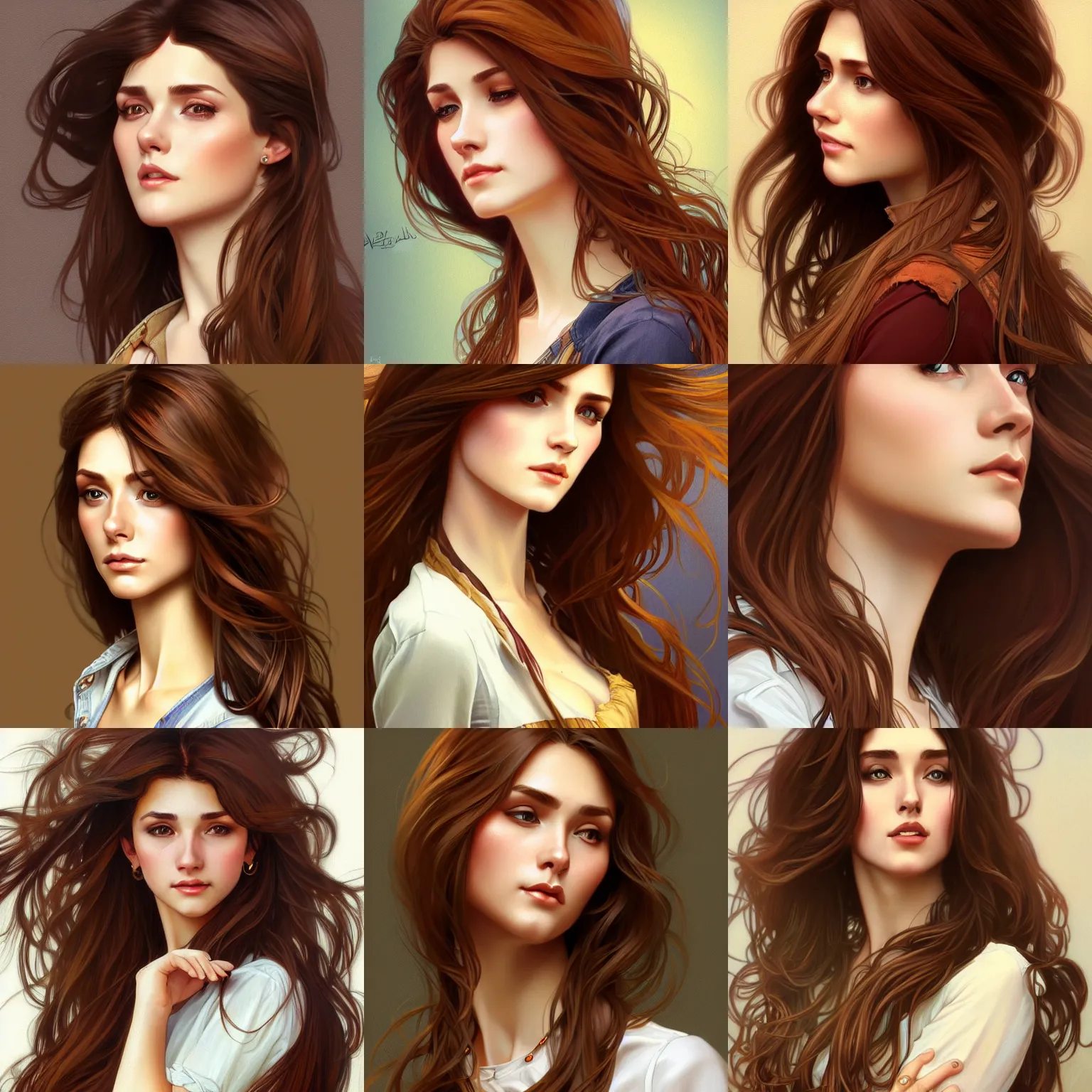 Prompt: woman with long brown hair wearing a blouse and jeans, highly detailed, digital painting, artstation, concept art, smooth, sharp focus, illustration, art by artgerm and alphonse mucha