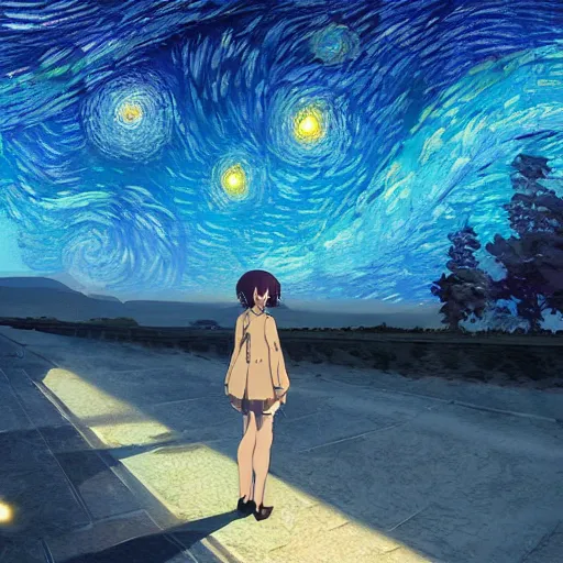 Image similar to Starry night, dreamy world, makoto shinkai, pixiv scenery art, light refraction