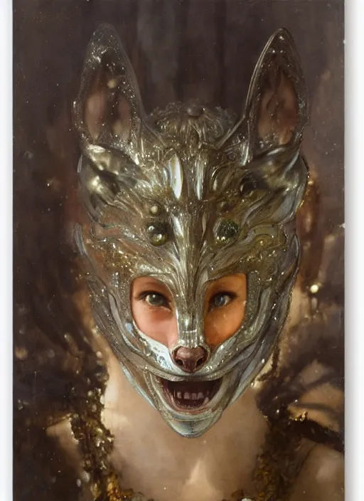 Prompt: a smiling young redhad woman wearing transparent fox mask made of glass, detailed, by gaston bussiere, bayard wu, greg rutkowski, giger, maxim verehin, greg rutkowski, masterpiece, sharp focus, cinematic lightning