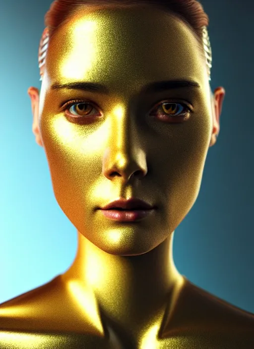 Image similar to Kodak Portra 400, 8K, soft light, volumetric lighting, highly detailed, britt marling style 3/4 ,portrait photo of a beautiful cyborg woman with gold , cyberpunk,sci-fi, fantasy, intricate, elegant, highly detailed, digital painting, artstation, concept art, smooth, sharp focus, illustration, art by artgerm and greg rutkowski and alphonse mucha