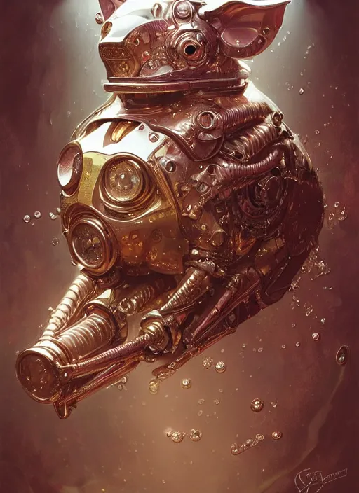 Image similar to robotic pig, d & d, wet, shiny, fantasy, intricate, elegant, extremely higly detailed, ultra definition, digital painting, artstation, anatomical perfection, baroque, one object, concept art, smooth, sharp focus, illustration, art by artgerm and greg rutkowski and alphonse mucha