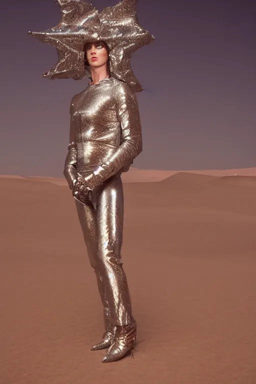 Image similar to portrait davis taylor brown dressed in 1 9 8 1 space fantasy fashion, avante garde, shiny metal, standing in a desert