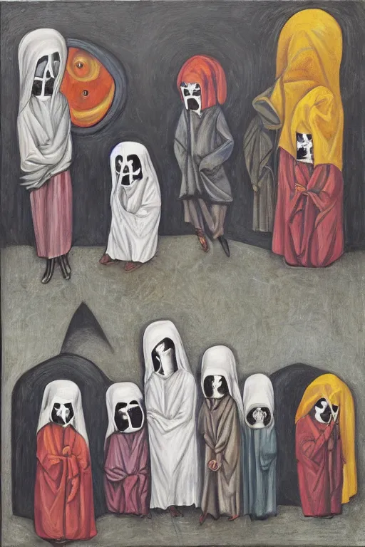 Prompt: hooded disciples in masks praying to an electric eye monument in a brutalist courtyard, lowbrow surrealism, oil on canvas