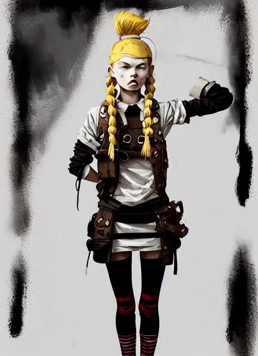 Image similar to highly detailed closeup portrait of a sewer punk pretty swedish female road warrior student, tartan garment, blonde hair pigtails with headband by atey ghailan, by greg rutkowski, by greg tocchini, by james gilleard, by joe fenton, by kaethe butcher, gradient red, black, brown and white color scheme, grunge aesthetic!!! white graffiti tag wall background